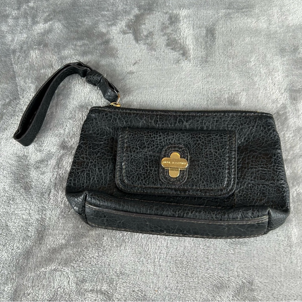 Dana‎ Buchman Wristlet Black Pebbled Faux Leather Wrist Strap Brass Turn Lock